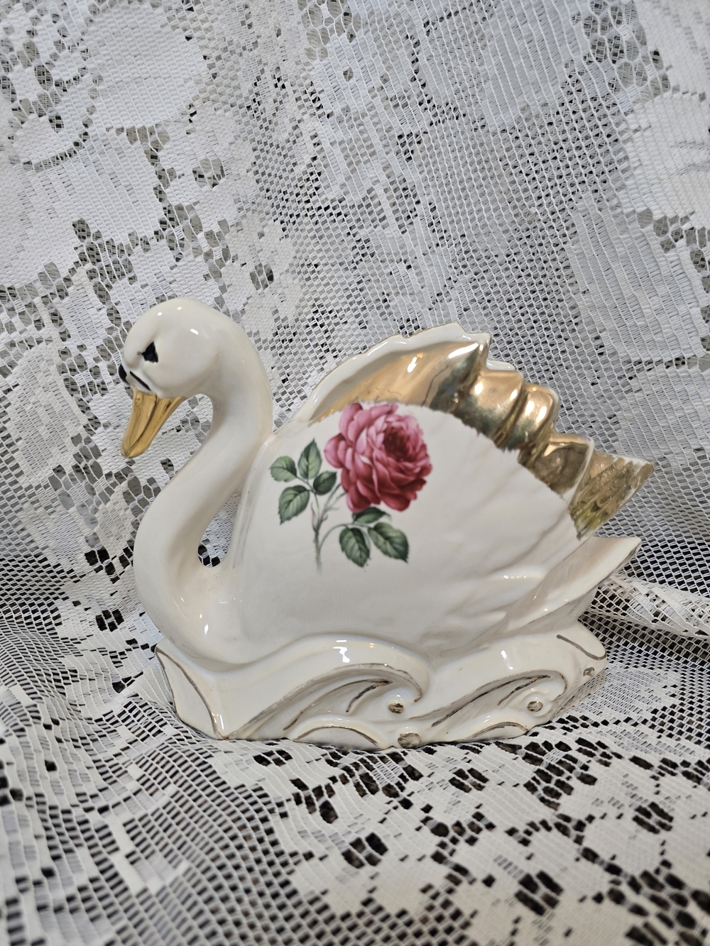 McCoy Ceramic Swan Planter with Pink Rose and Gold Accents